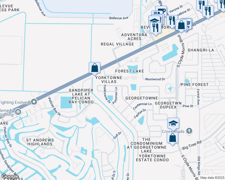 map of restaurants, bars, coffee shops, grocery stores, and more near 213 North Paul Revere Drive in Daytona Beach