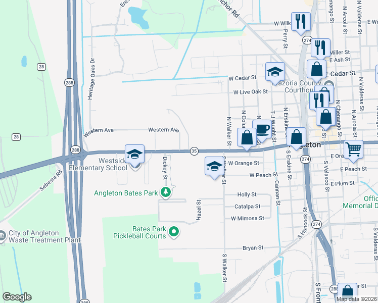map of restaurants, bars, coffee shops, grocery stores, and more near West Mulberry Street in Angleton