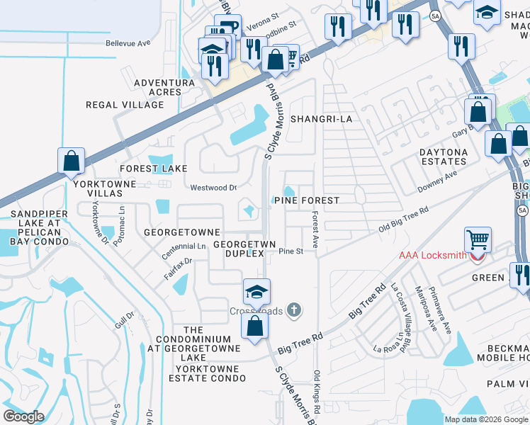 map of restaurants, bars, coffee shops, grocery stores, and more near 2343 South Clyde Morris Boulevard in Daytona Beach