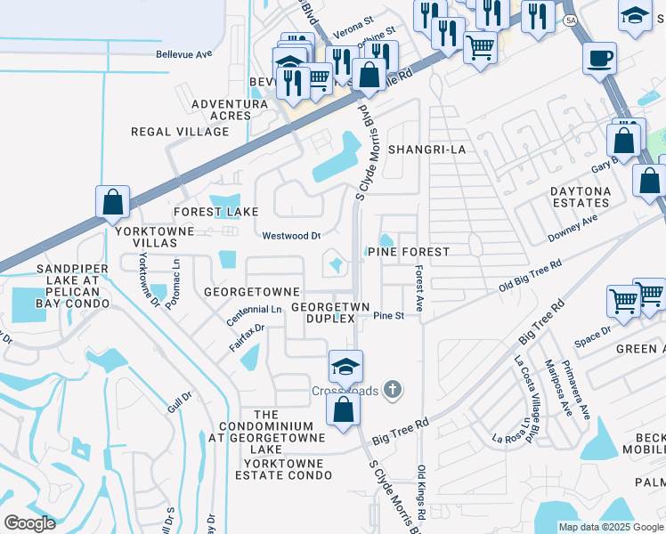 map of restaurants, bars, coffee shops, grocery stores, and more near 1756 South Clyde Morris Boulevard in Daytona Beach
