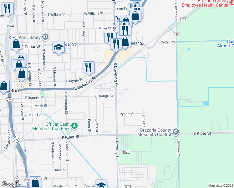 map of restaurants, bars, coffee shops, grocery stores, and more near 305 South Downing Street in Angleton