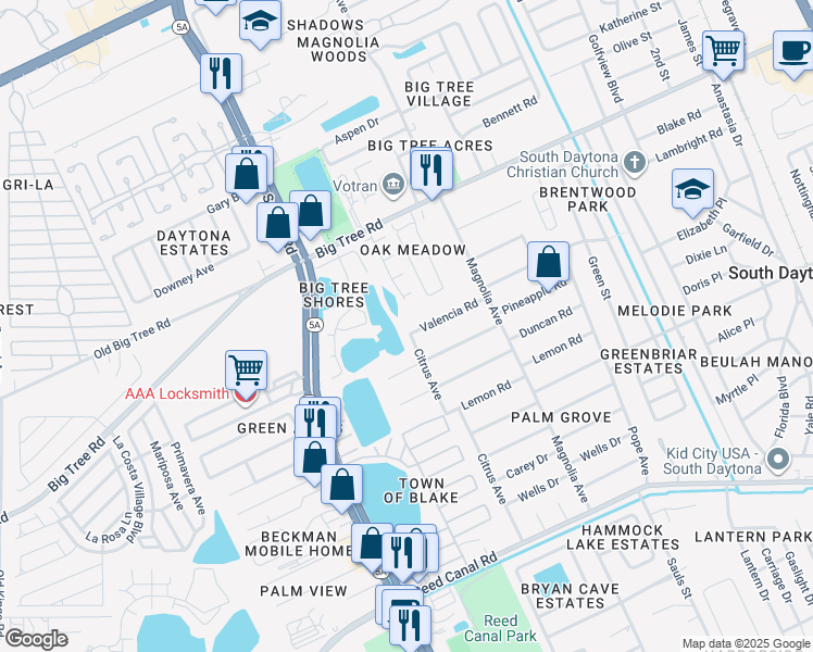 map of restaurants, bars, coffee shops, grocery stores, and more near 942 Valencia Road in South Daytona
