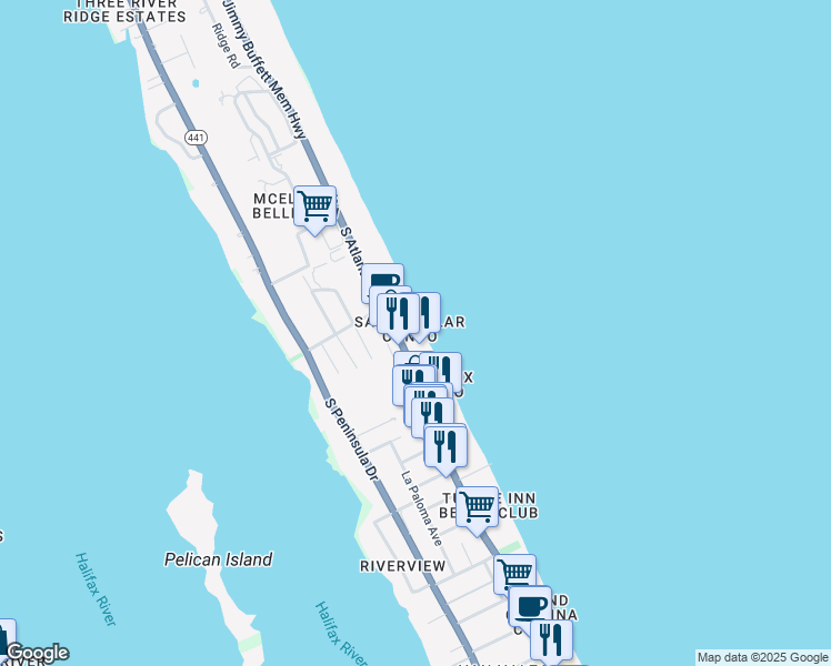 map of restaurants, bars, coffee shops, grocery stores, and more near 3111 South Atlantic Avenue in Daytona Beach Shores