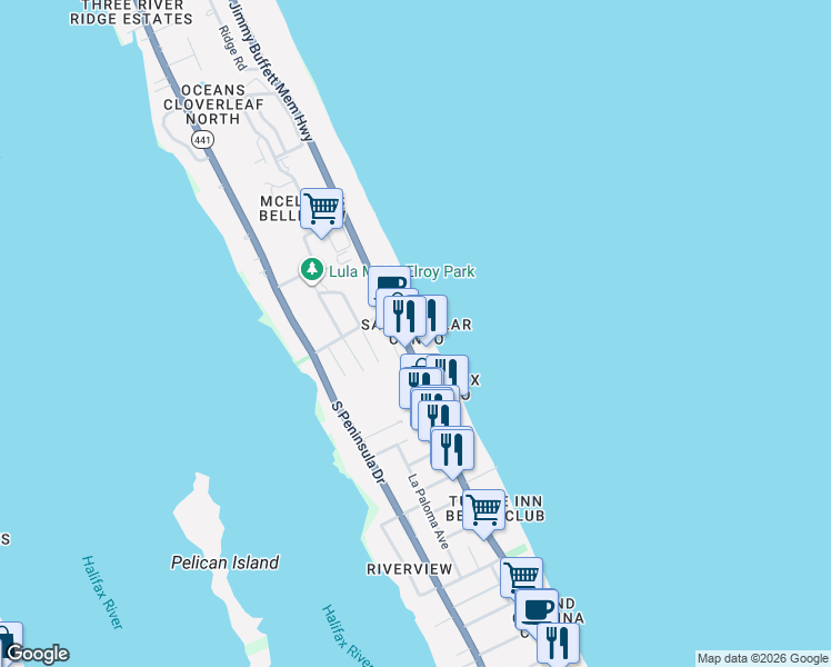 map of restaurants, bars, coffee shops, grocery stores, and more near 3104 South Atlantic Avenue in Daytona Beach