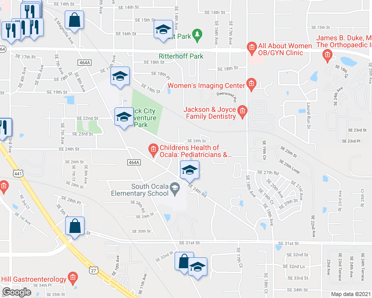 map of restaurants, bars, coffee shops, grocery stores, and more near 2409 Southeast 15th Avenue in Ocala