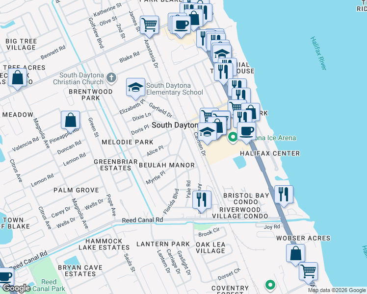 map of restaurants, bars, coffee shops, grocery stores, and more near 2348 Florida Boulevard in South Daytona