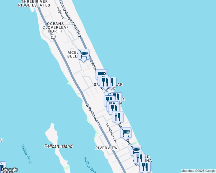 map of restaurants, bars, coffee shops, grocery stores, and more near 3104 South Atlantic Avenue in Daytona Beach