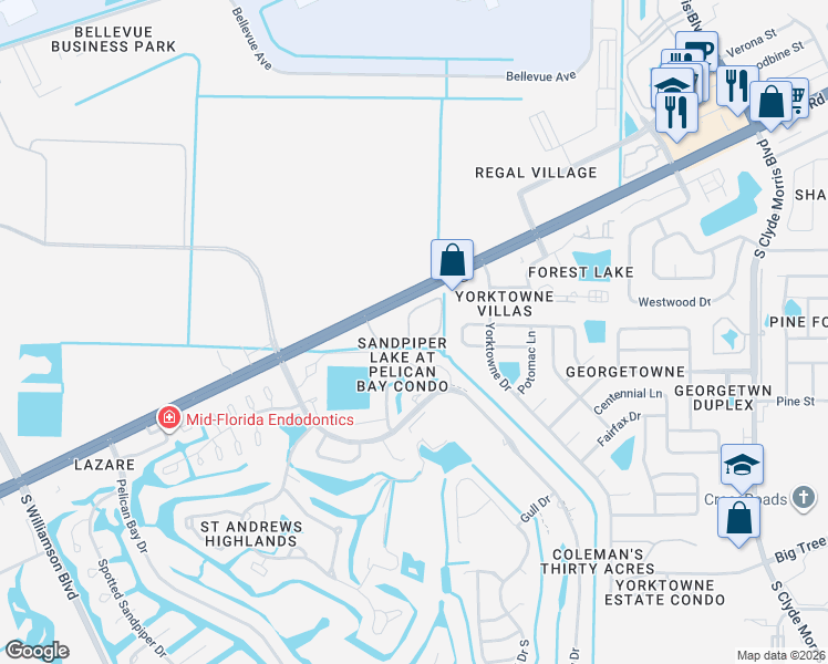 map of restaurants, bars, coffee shops, grocery stores, and more near 100 Porpoise Bay Road in Daytona Beach