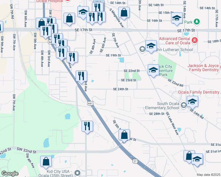 map of restaurants, bars, coffee shops, grocery stores, and more near 615 Southeast 24th Street in Ocala