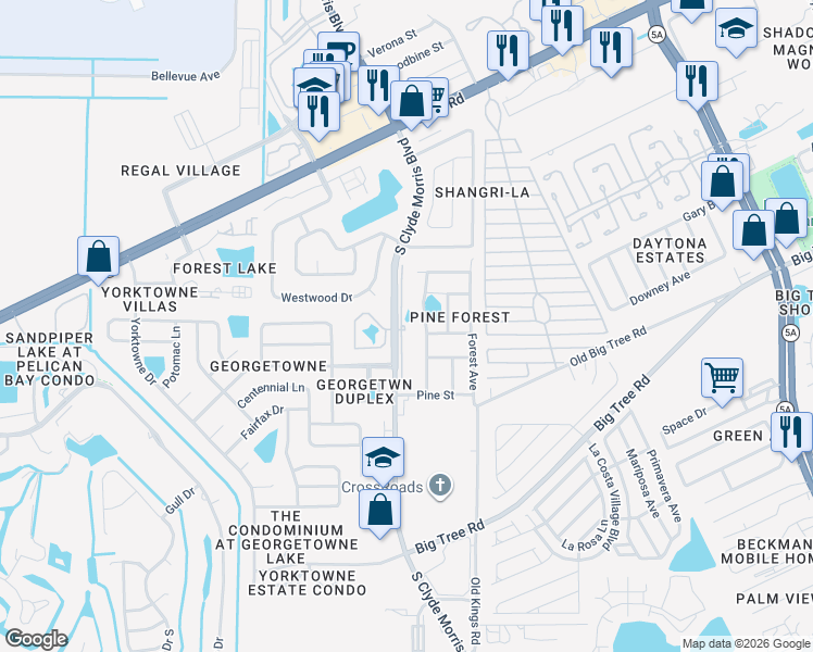 map of restaurants, bars, coffee shops, grocery stores, and more near 1773 South Clyde Morris Boulevard in Daytona Beach