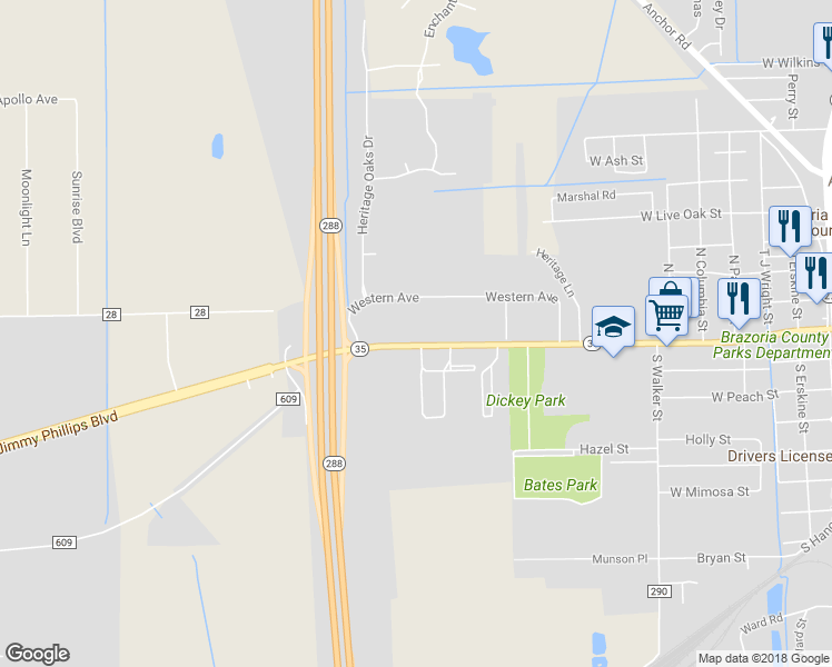 map of restaurants, bars, coffee shops, grocery stores, and more near 1016 West Mulberry Street in Angleton