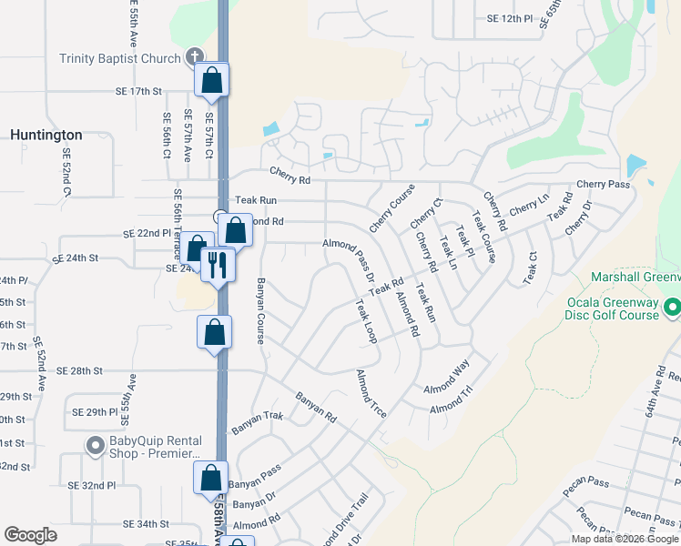 map of restaurants, bars, coffee shops, grocery stores, and more near 85 Teak Loop in Ocala