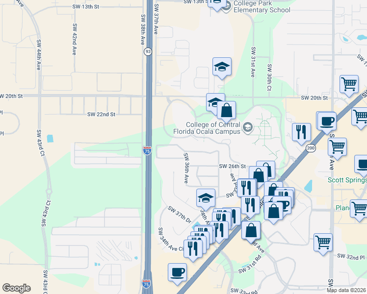 map of restaurants, bars, coffee shops, grocery stores, and more near 2401 Southwest 36th Avenue in Ocala