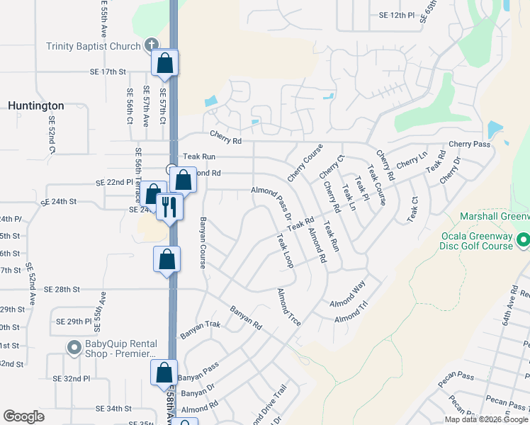 map of restaurants, bars, coffee shops, grocery stores, and more near 85 Teak Loop in Ocala
