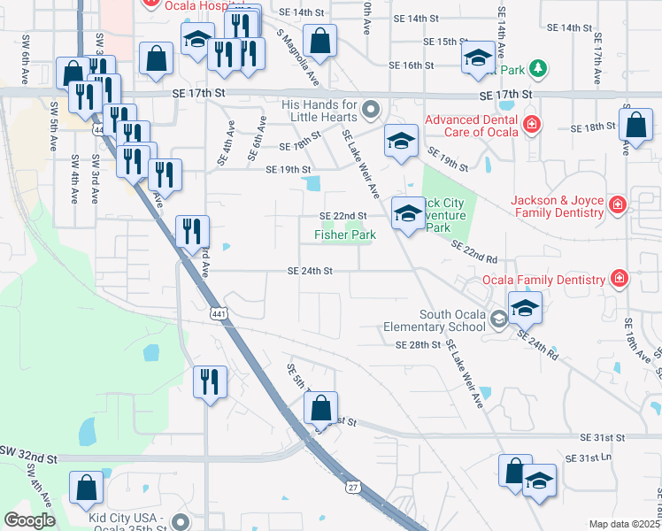 map of restaurants, bars, coffee shops, grocery stores, and more near 813 Southeast 24th Street in Ocala