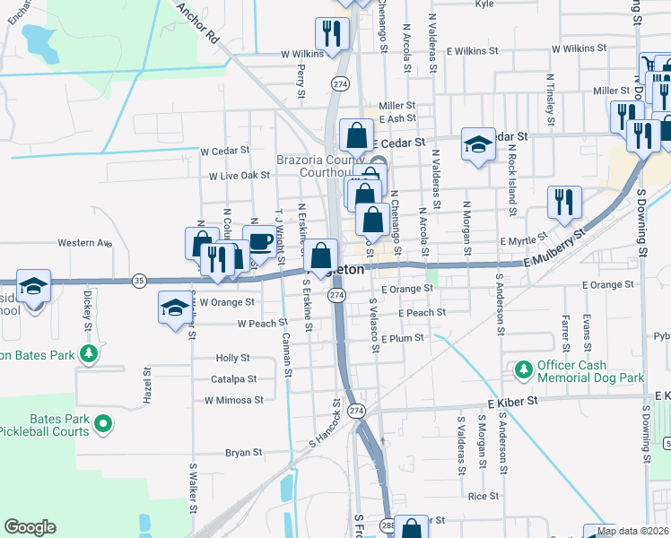 map of restaurants, bars, coffee shops, grocery stores, and more near in Angleton