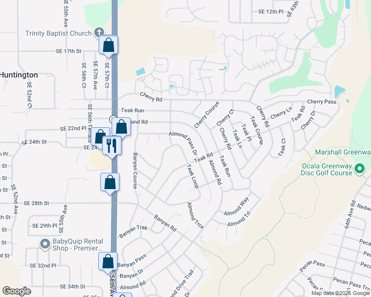 map of restaurants, bars, coffee shops, grocery stores, and more near 36 Almond Pass Drive in Ocala