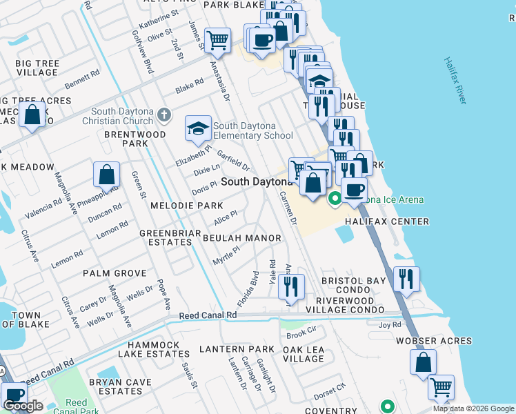 map of restaurants, bars, coffee shops, grocery stores, and more near 2348 Florida Boulevard in South Daytona