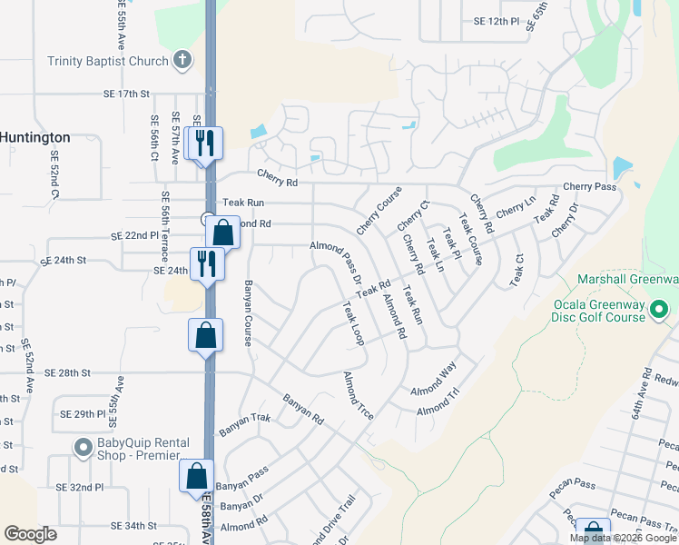 map of restaurants, bars, coffee shops, grocery stores, and more near 36 Almond Pass Drive in Ocala