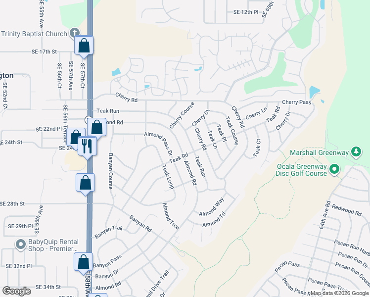 map of restaurants, bars, coffee shops, grocery stores, and more near 65 Almond Road in Ocala