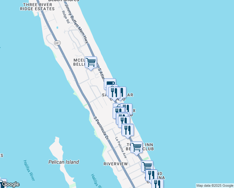 map of restaurants, bars, coffee shops, grocery stores, and more near 3111 South Atlantic Avenue in Daytona Beach Shores