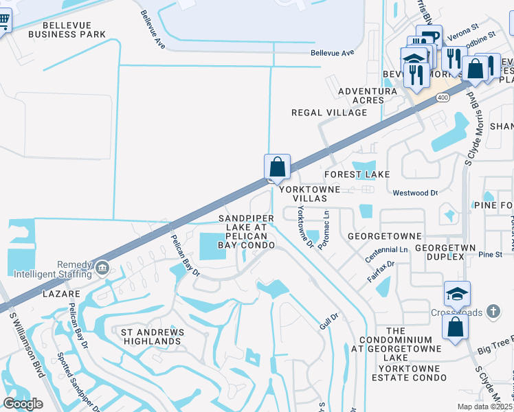 map of restaurants, bars, coffee shops, grocery stores, and more near 121 Porpoise Bay Road in Daytona Beach