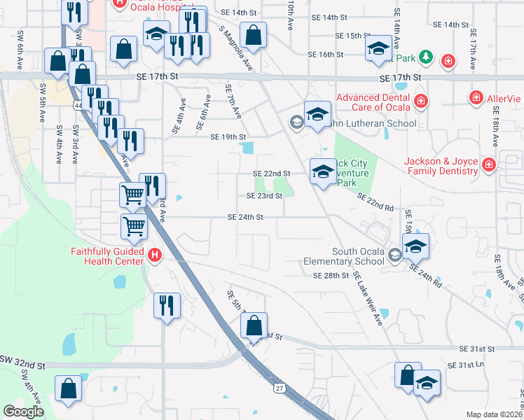 map of restaurants, bars, coffee shops, grocery stores, and more near 823 Southeast 24th Street in Ocala