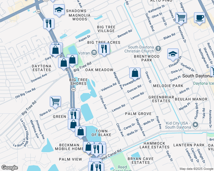 map of restaurants, bars, coffee shops, grocery stores, and more near 922 Valencia Road in South Daytona
