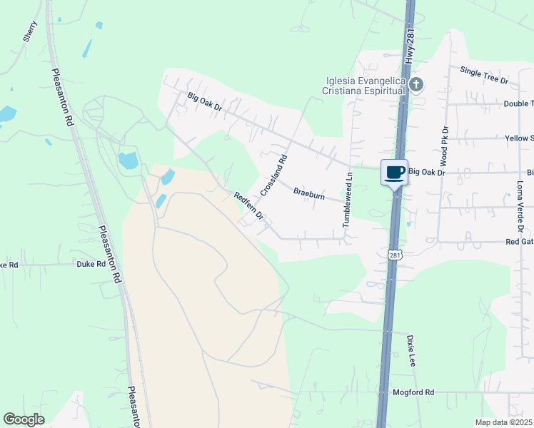 map of restaurants, bars, coffee shops, grocery stores, and more near 615 Redfern Drive in San Antonio
