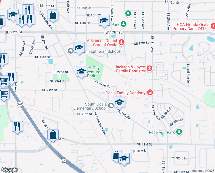 map of restaurants, bars, coffee shops, grocery stores, and more near 1350 Southeast 22nd Road in Ocala