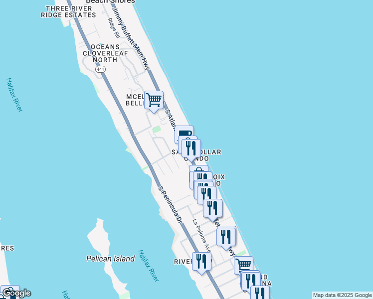 map of restaurants, bars, coffee shops, grocery stores, and more near 3104 South Atlantic Avenue in Daytona Beach