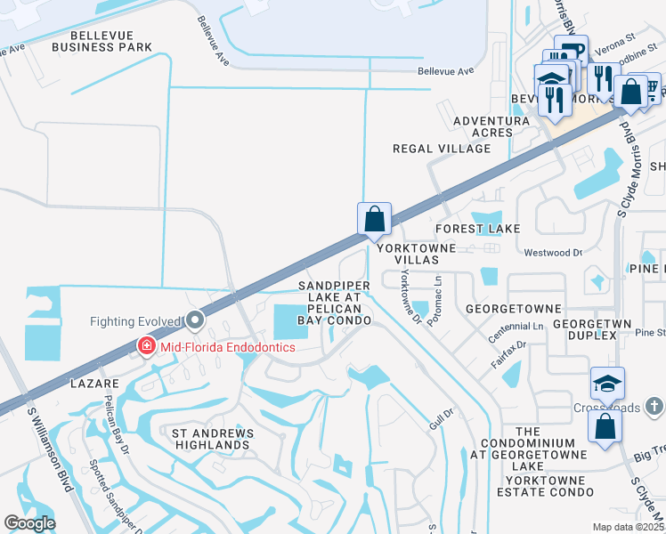 map of restaurants, bars, coffee shops, grocery stores, and more near 100 Porpoise Bay Road in Daytona Beach
