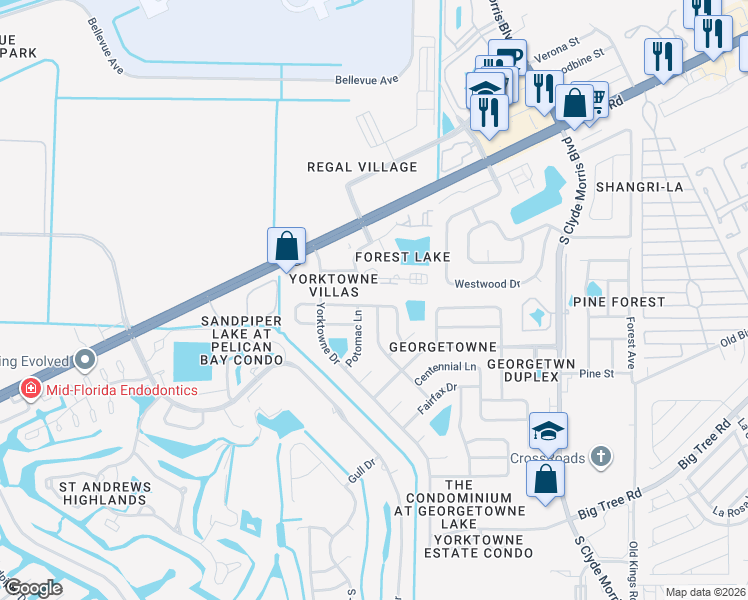 map of restaurants, bars, coffee shops, grocery stores, and more near 137 North Paul Revere Drive in Daytona Beach