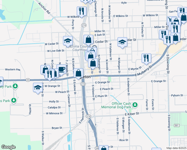 map of restaurants, bars, coffee shops, grocery stores, and more near 100 North Velasco Street in Angleton