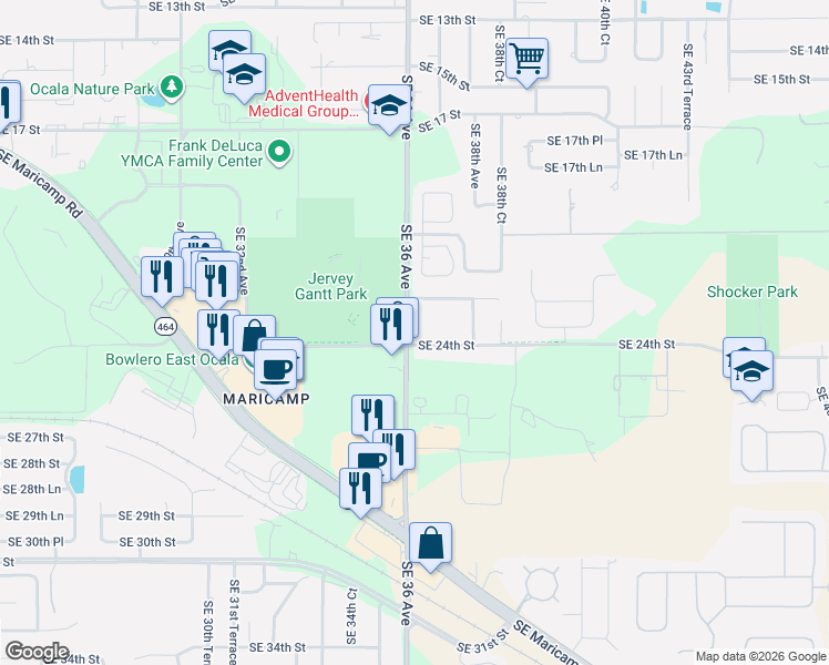 map of restaurants, bars, coffee shops, grocery stores, and more near 3705 Southeast 24th Street in Ocala