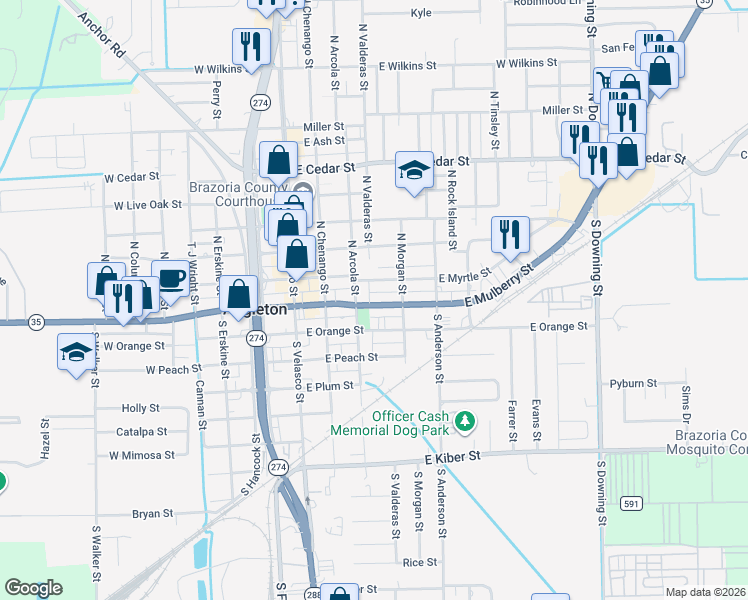 map of restaurants, bars, coffee shops, grocery stores, and more near 405 Texas 35 in Angleton