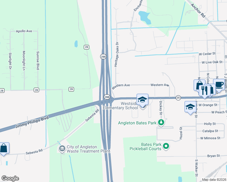 map of restaurants, bars, coffee shops, grocery stores, and more near West Mulberry Street in Angleton