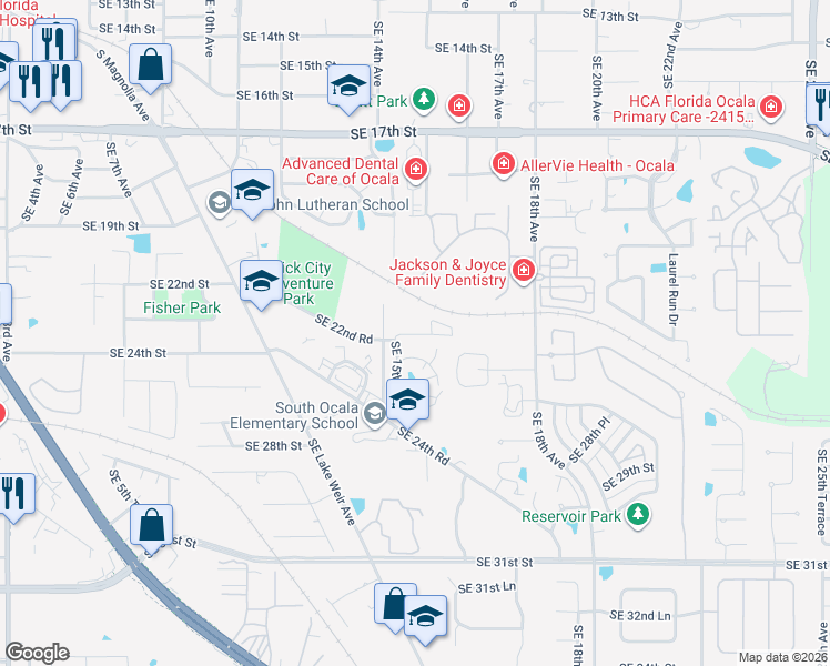 map of restaurants, bars, coffee shops, grocery stores, and more near 2409 Southeast 15th Avenue in Ocala