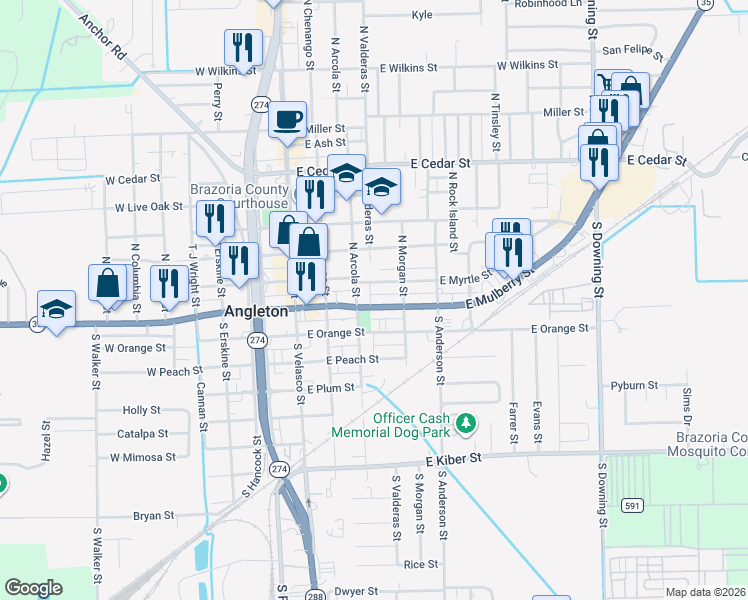 map of restaurants, bars, coffee shops, grocery stores, and more near 405 Texas 35 in Angleton