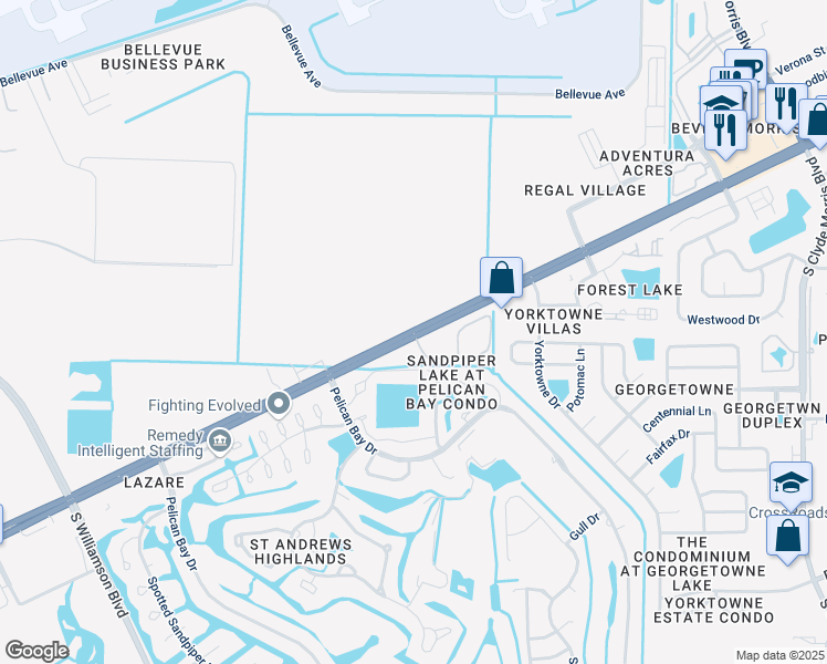 map of restaurants, bars, coffee shops, grocery stores, and more near 100 Porpoise Bay Road in Daytona Beach