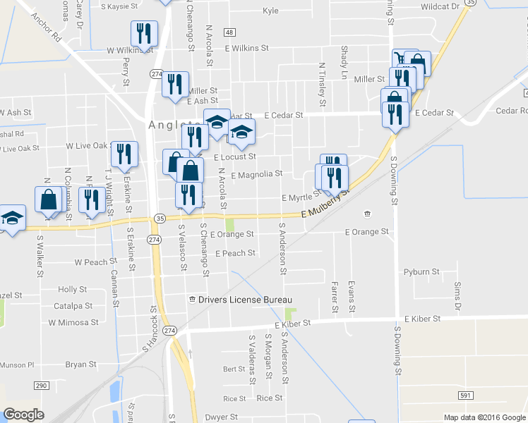 map of restaurants, bars, coffee shops, grocery stores, and more near 501 East Mulberry Street in Angleton