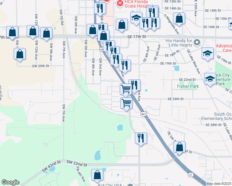 map of restaurants, bars, coffee shops, grocery stores, and more near 2580 Southeast 1st Avenue in Ocala