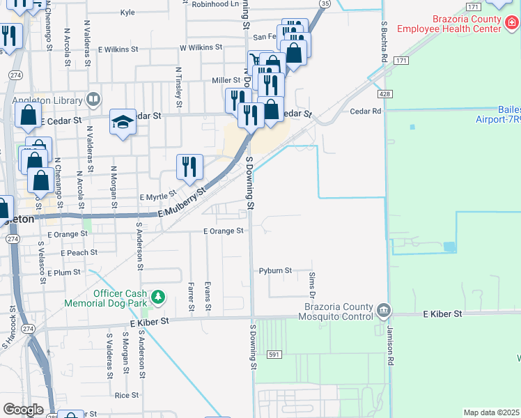 map of restaurants, bars, coffee shops, grocery stores, and more near 305 South Downing Street in Angleton