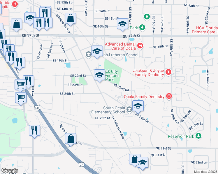 map of restaurants, bars, coffee shops, grocery stores, and more near 1215 Southeast 24th Road in Ocala