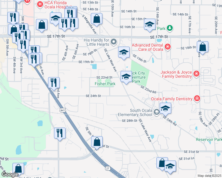 map of restaurants, bars, coffee shops, grocery stores, and more near 917 Southeast 24th Street in Ocala