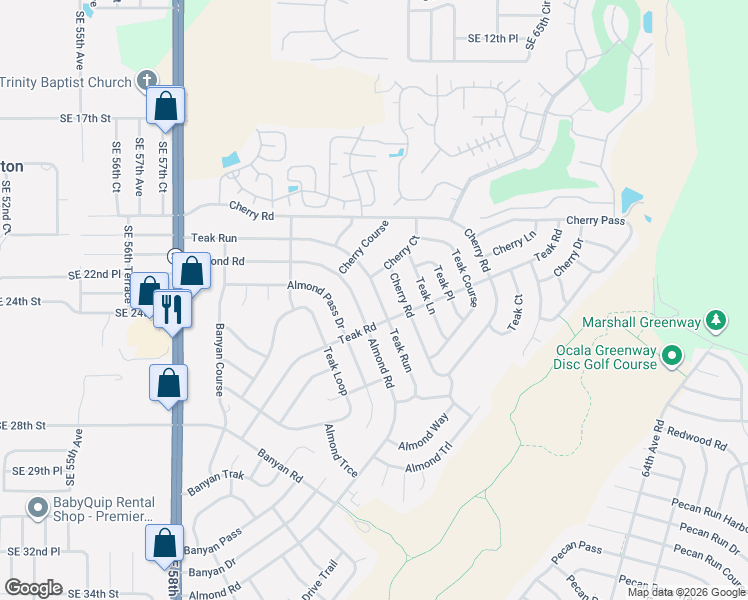 map of restaurants, bars, coffee shops, grocery stores, and more near 65 Almond Road in Ocala