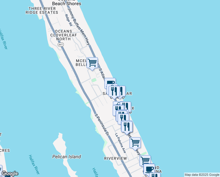 map of restaurants, bars, coffee shops, grocery stores, and more near 3104 South Atlantic Avenue in Daytona Beach