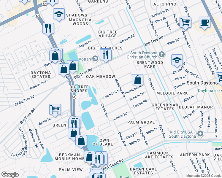 map of restaurants, bars, coffee shops, grocery stores, and more near 922 Valencia Road in South Daytona