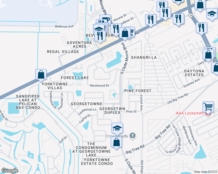 map of restaurants, bars, coffee shops, grocery stores, and more near 1756 South Clyde Morris Boulevard in Daytona Beach