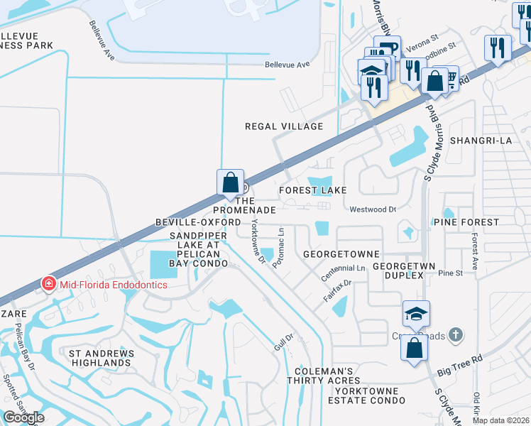 map of restaurants, bars, coffee shops, grocery stores, and more near 213 North Paul Revere Drive in Daytona Beach